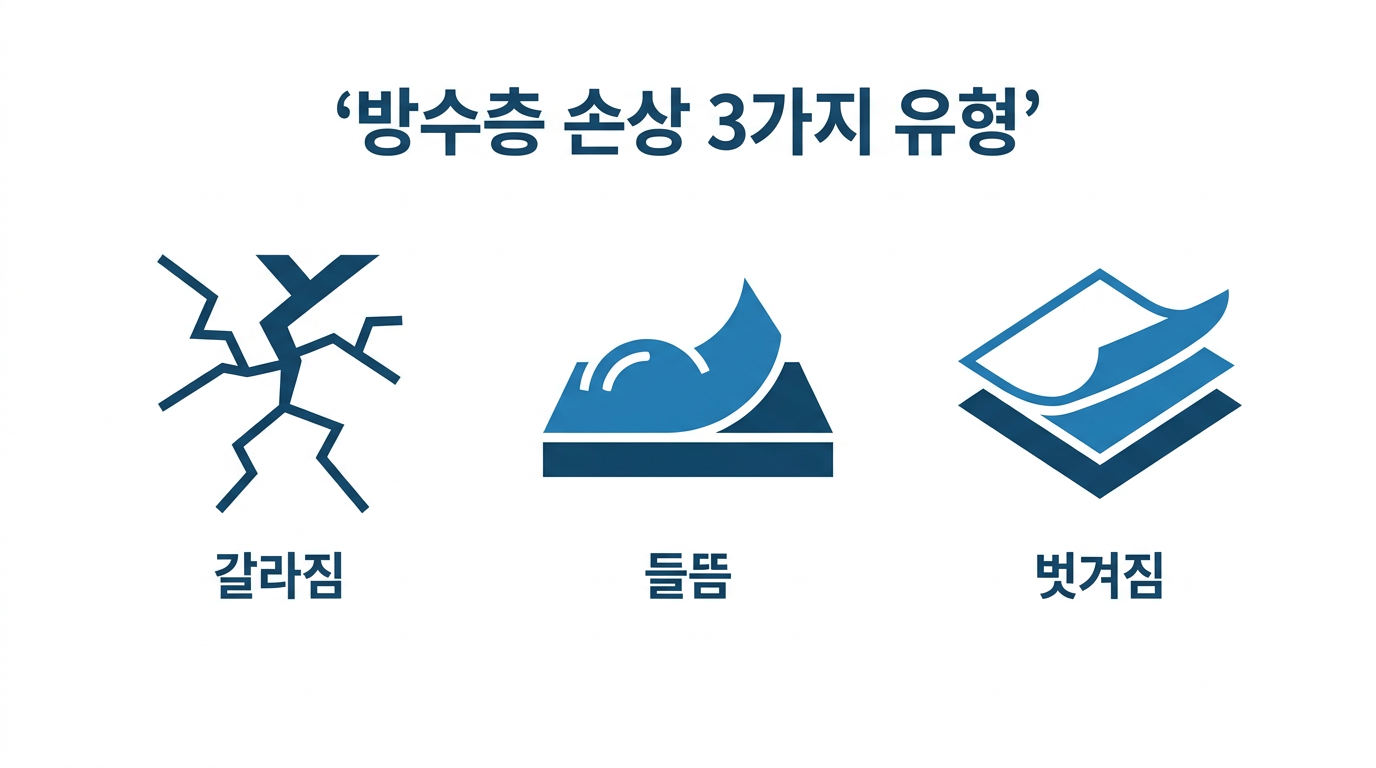방수층 손상 3가지 유형 — 갈라짐, 들뜸, 벗겨짐