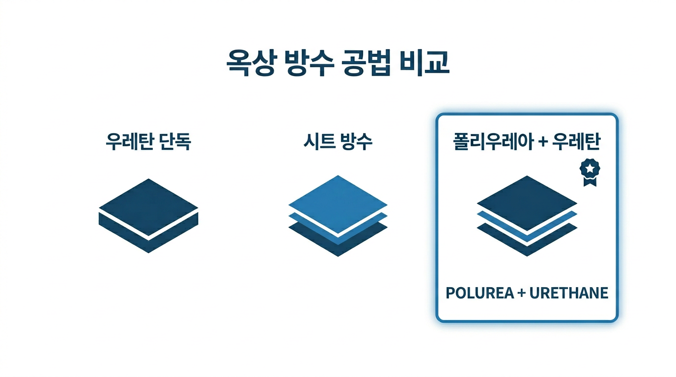 옥상 방수 공법 비교 — 우레탄 단독 vs 시트 방수 vs 폴리우레아