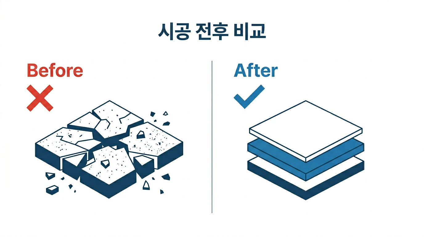 시공 전후 비교 — 손상된 단층 vs 삼중 방수 구조