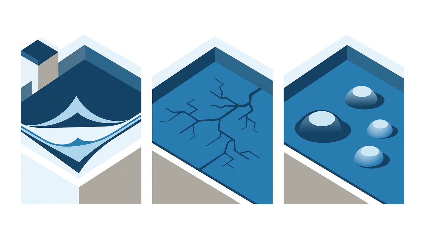 기존 방수층 손상 유형 인포그래픽 — 까짐, 균열, 들뜸의 세 가지 패턴