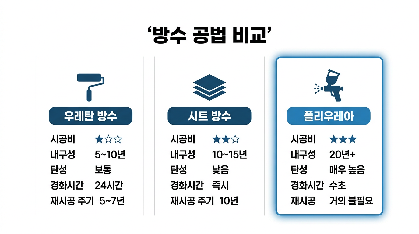 방수 공법 비교 인포그래픽 — 우레탄 vs 시트 vs 폴리우레아의 내구성·탄성·경화시간·재시공 주기 비교