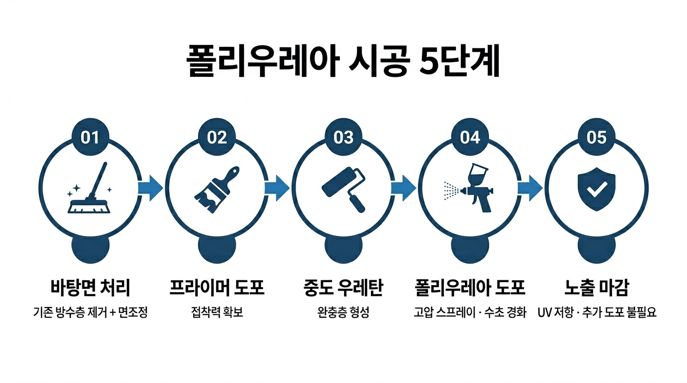 폴리우레아 시공 5단계 프로세스 플로우 — 바탕면 처리부터 노출 마감까지