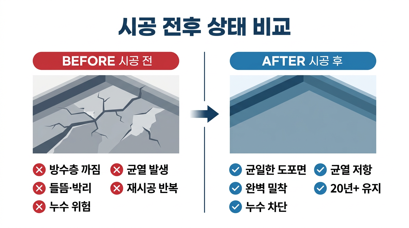 시공 전후 상태 비교 인포그래픽 — 까짐·균열·들뜸에서 균일 도포·완벽 밀착으로