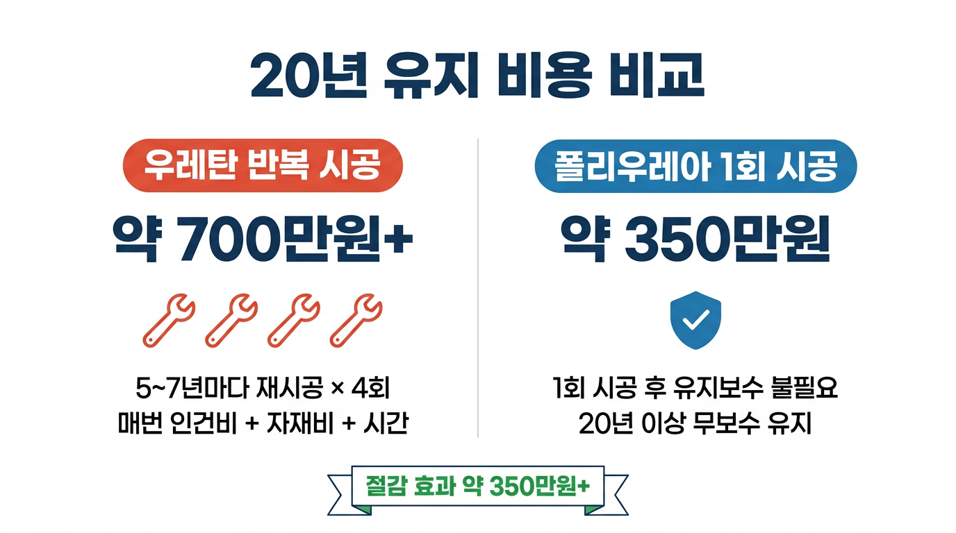 20년 장기 비용 비교 인포그래픽 — 우레탄 반복 시공 vs 폴리우레아 1회 시공 누적 비용