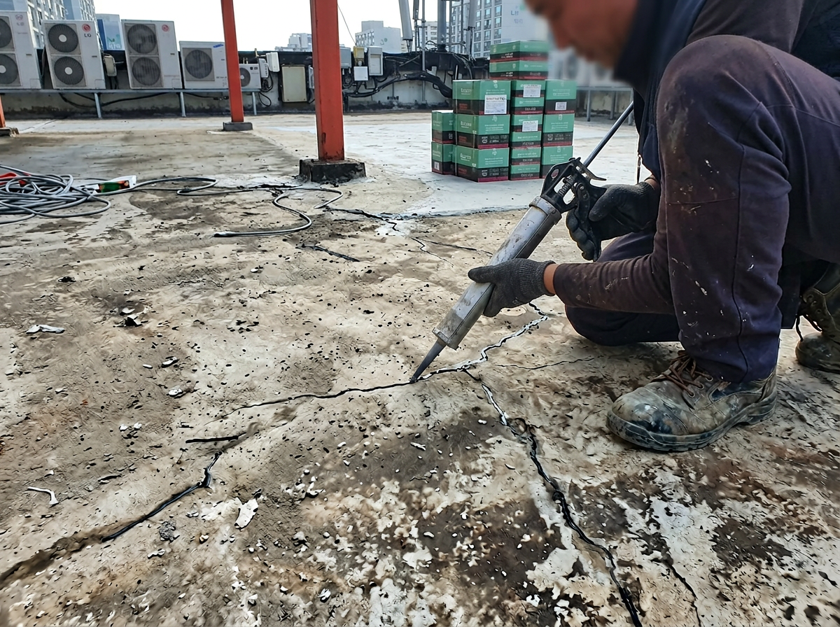 누름 콘크리트 균열 부위에 실란트를 충진하는 작업 클로즈업