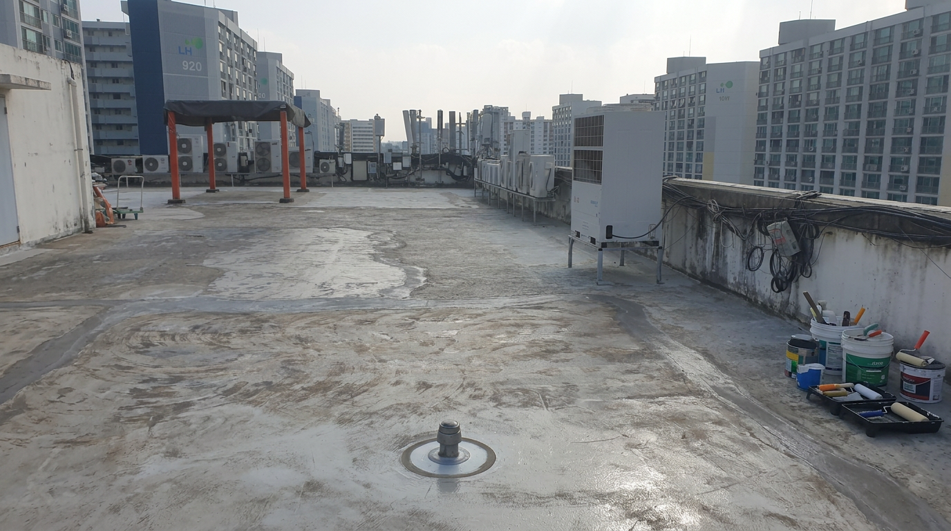 크랙 보수 및 프라이머 처리가 완료된 바닥 전경