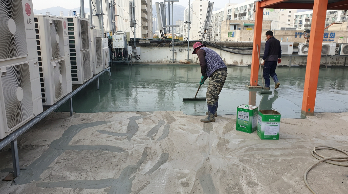 노출 우레탄 중도 시공 중 — 시공 완료 구역과 미시공 구역의 경계