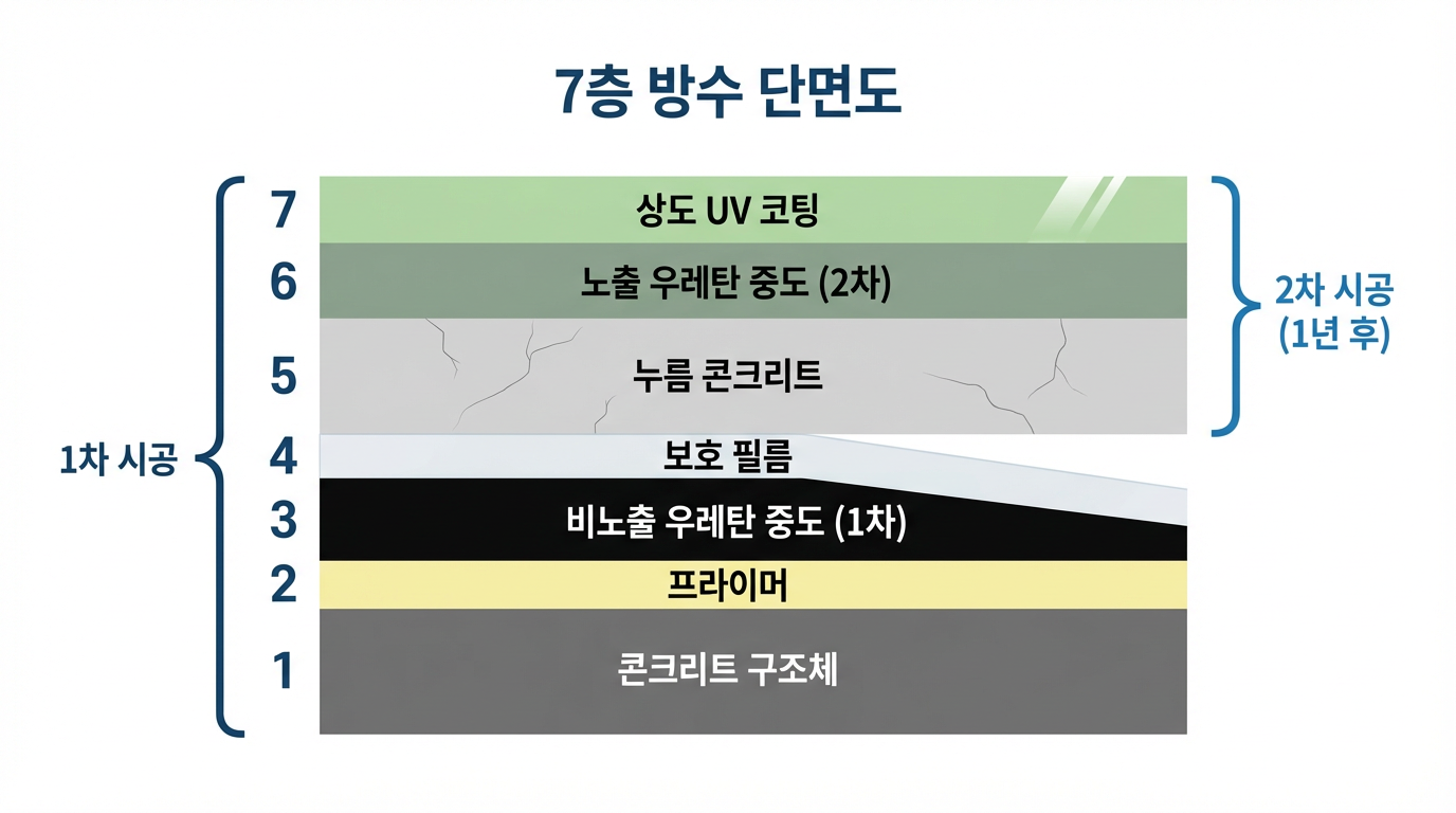 총 7겹 완성 구조 전체 단면도 인포그래픽 — 각 층별 색상 구분