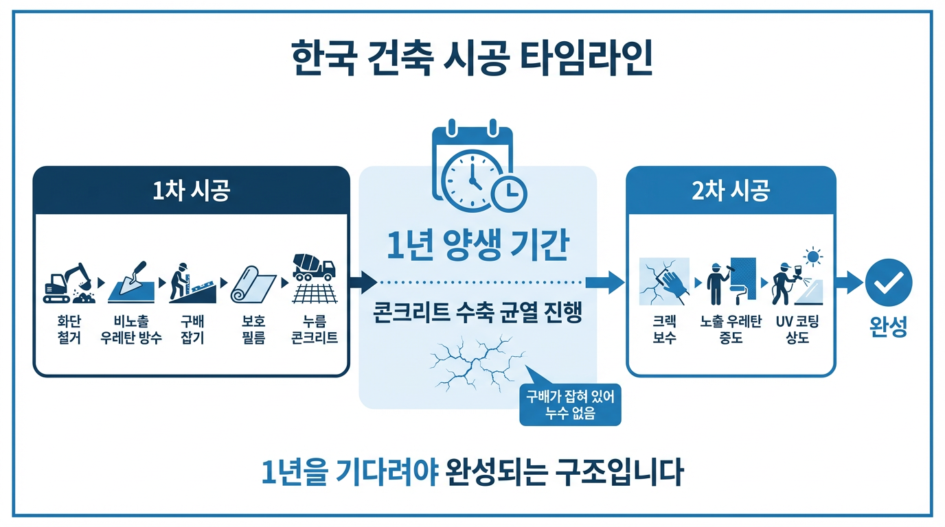 전체 시공 타임라인 — 1차 시공, 1년 양생, 2차 시공