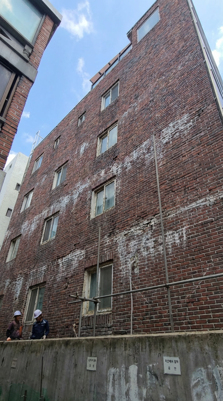 시공 전 건물 측면 — 적갈색 벽돌 외벽에 줄눈 크랙과 손상이 보이는 상태, 아래에서 위로 올려다본 각도