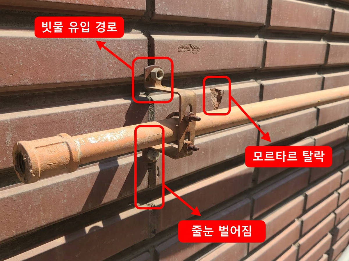 외벽 줄눈 터짐 진단 표기 — 빨간 표시로 줄눈 벌어짐, 채움재 탈락, 빗물 유입 경로를 표시