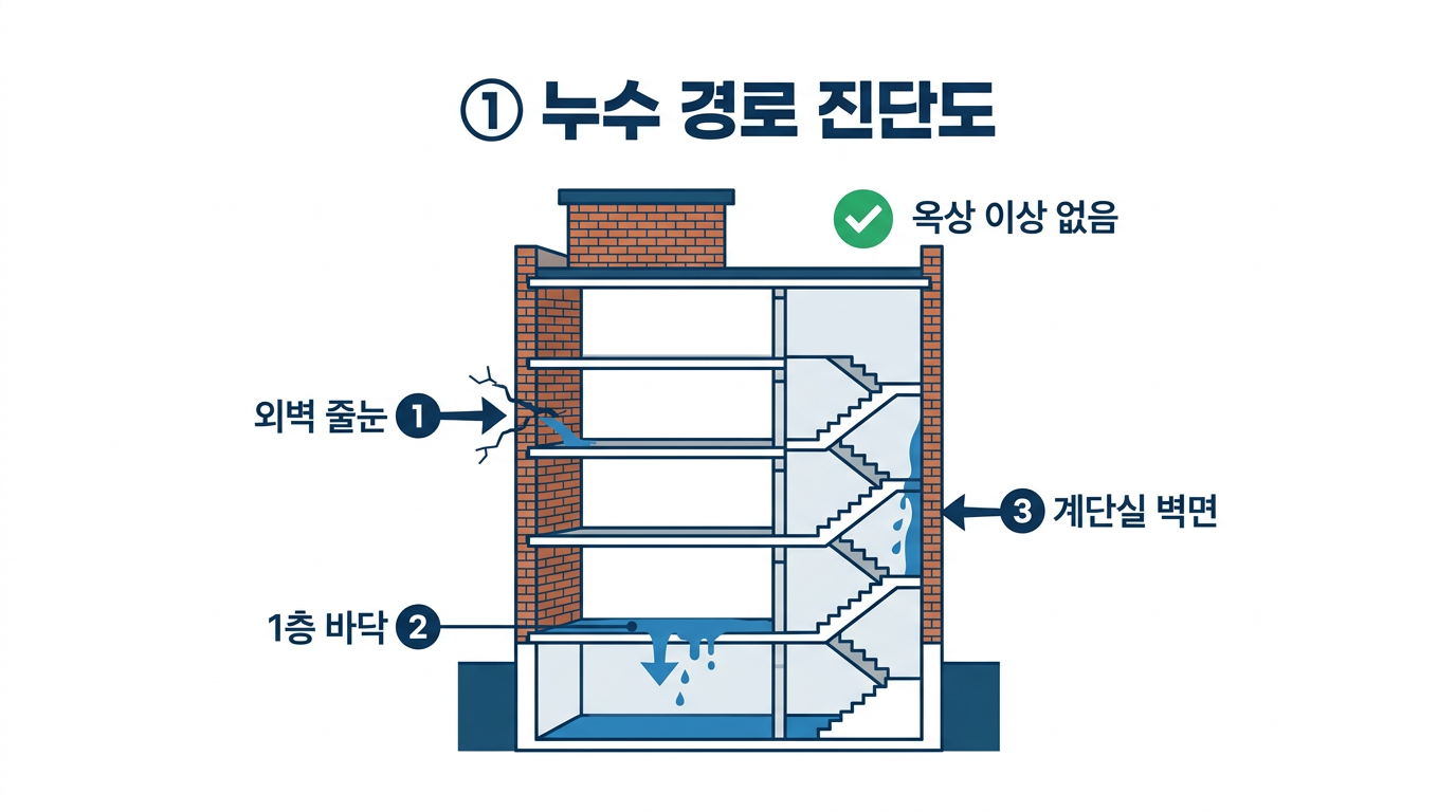 누수 경로 진단도 — 외벽 틈새에서 실내 유입, 1층 바닥에서 지하 침투 위험, 계단실 줄눈 틈새. 옥상은 이상 없음.