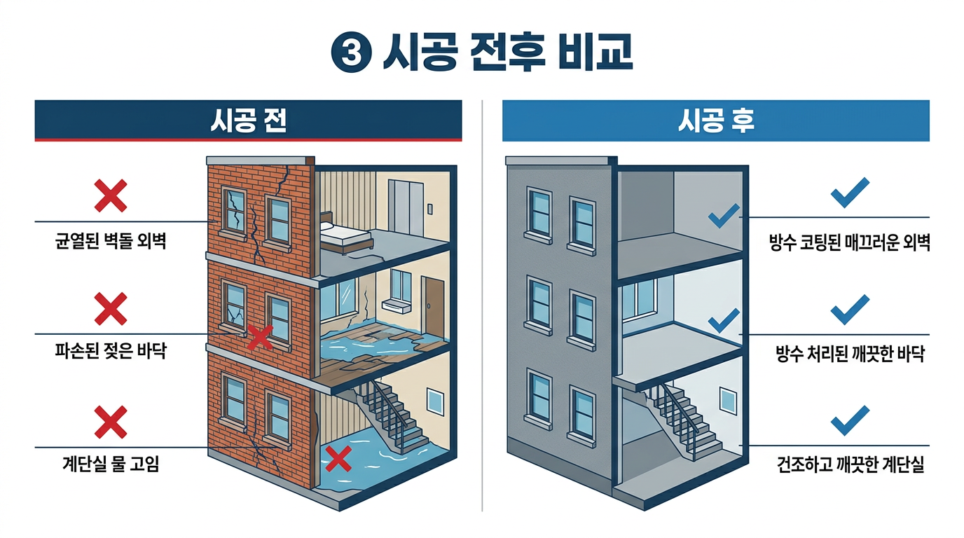 시공 전후 비교 — 외벽, 1층 바닥, 계단실 세 구역의 변화