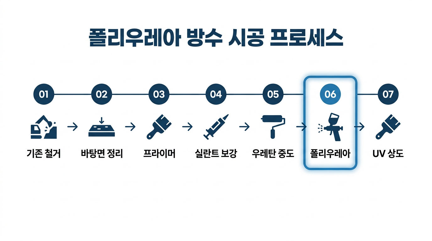 폴리우레아 방수 시공 프로세스 인포그래픽