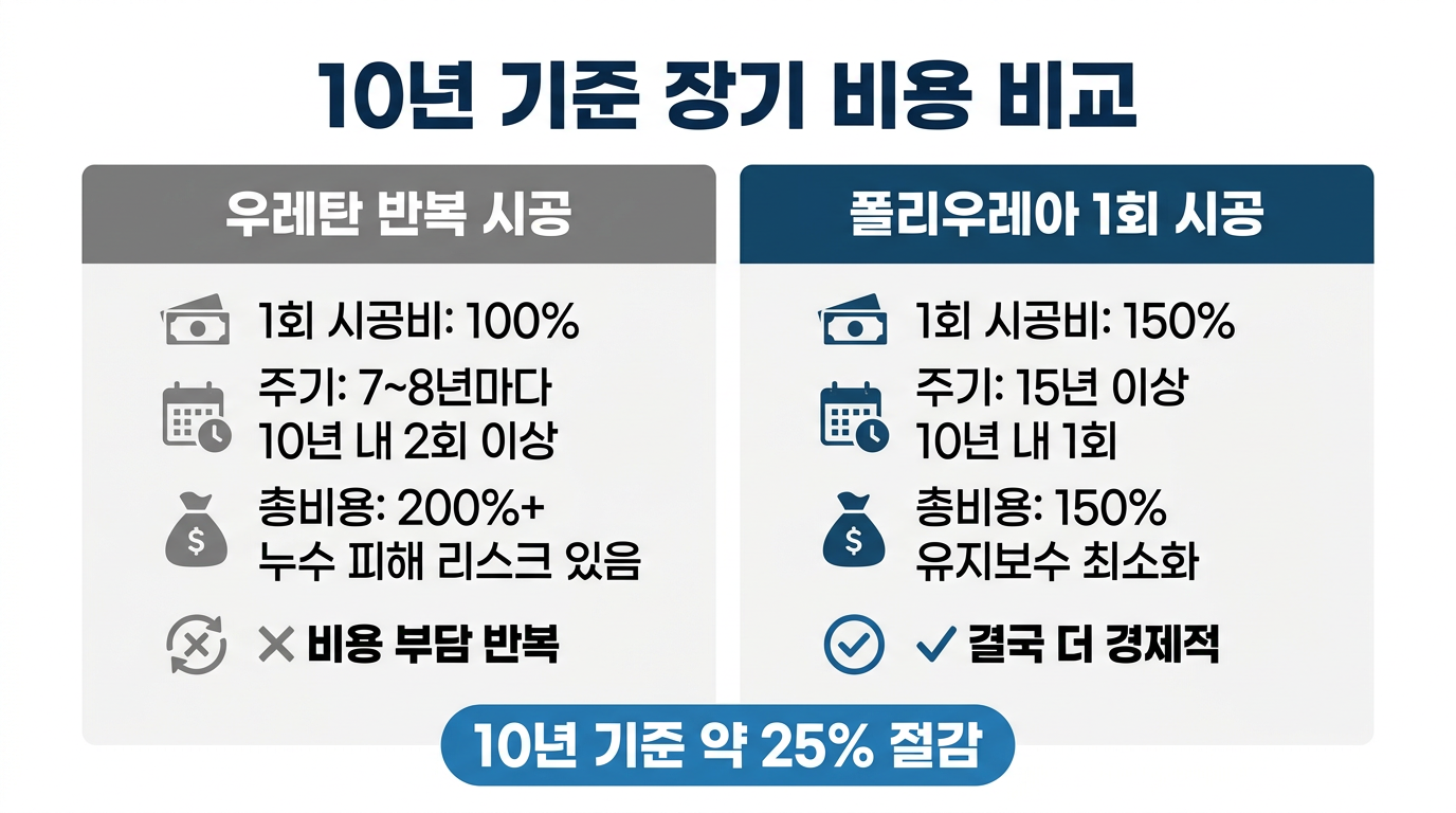 장기 비용 비교 인포그래픽 — 우레탄 반복 vs 폴리우레아 1회