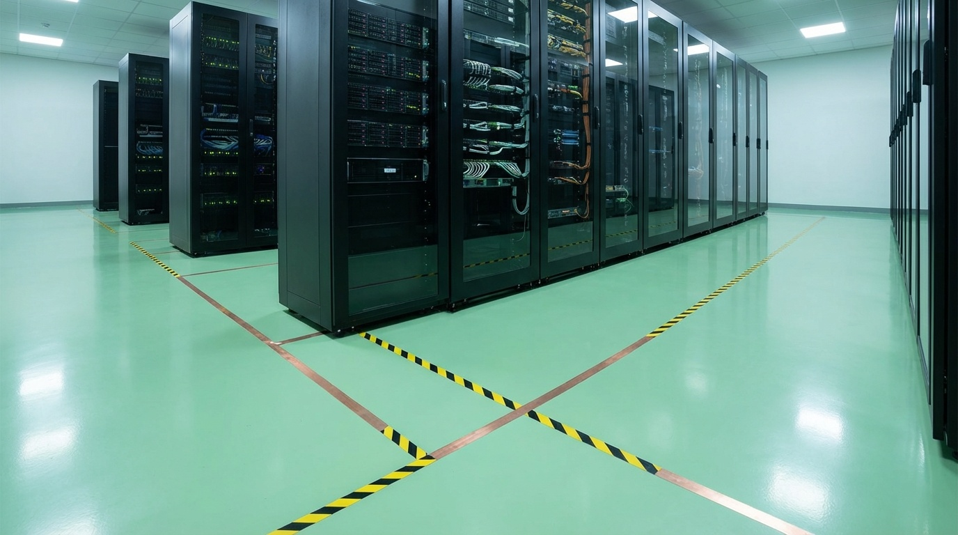 대전방지 에폭시가 적용된 데이터센터 서버실. 
                              연한 녹색의 균일한 바닥 위에 서버랙이 줄지어 있으며 
                              정전기 방지를 위한 접지 테이프가 시공된 모습