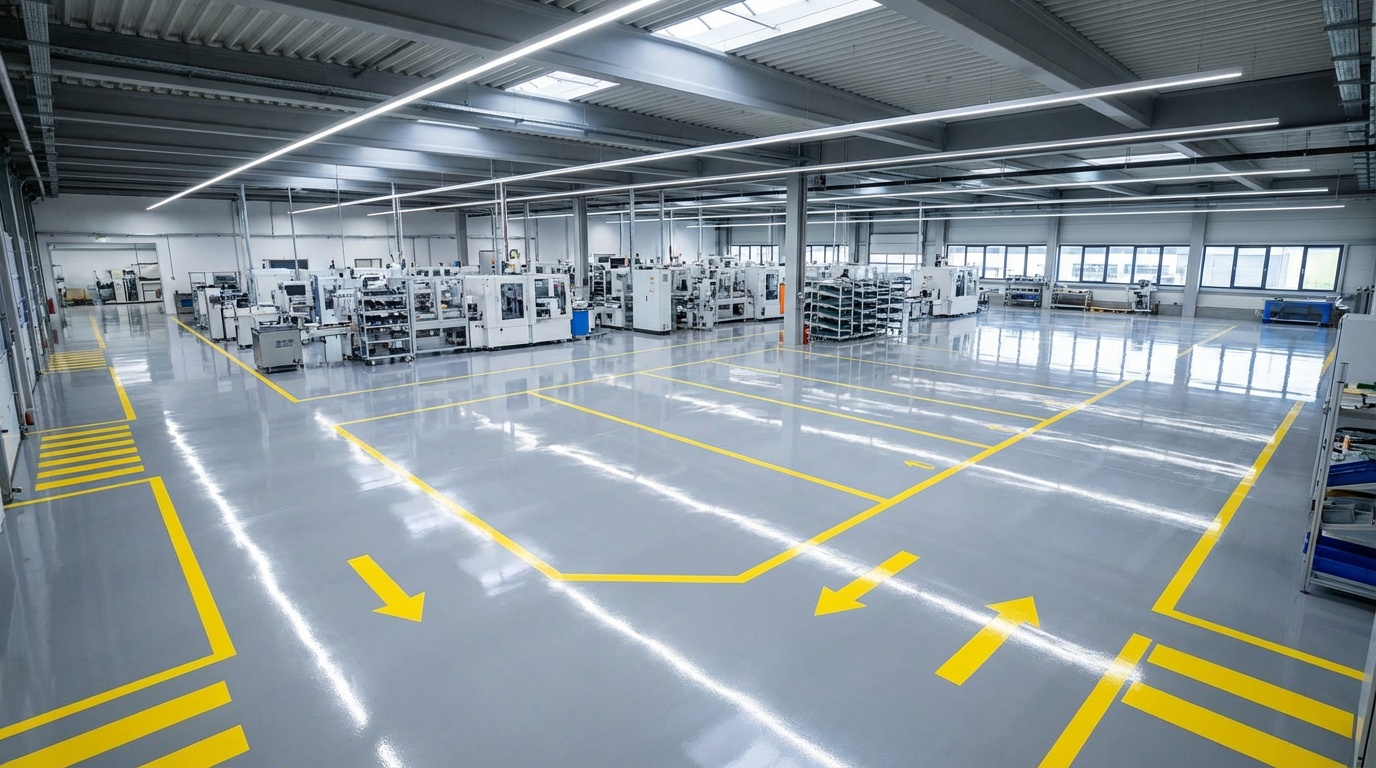 에폭시 코팅이 완료된 공장 바닥 전경. 
                          광택 있는 회색 에폭시 도막이 균일하게 시공되어 있으며, 
                          지게차 통행 라인이 노란색으로 표시된 청결한 산업 현장