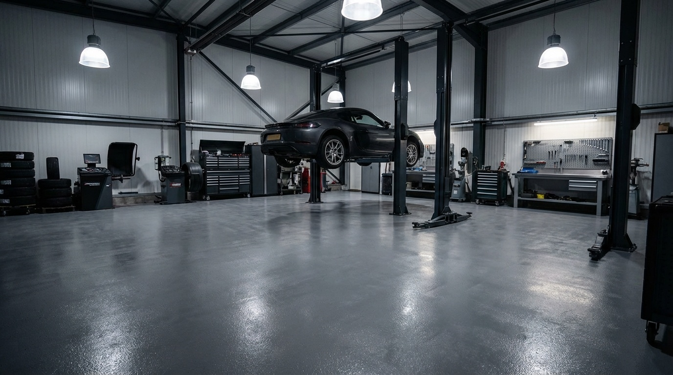 에폭시 모르타르 바닥이 시공된 자동차 정비소. 
                              4mm 두께의 회색 바닥 위에 차량 리프트가 설치되어 있고 
                              중장비 통행에도 손상 없이 견고한 표면 상태