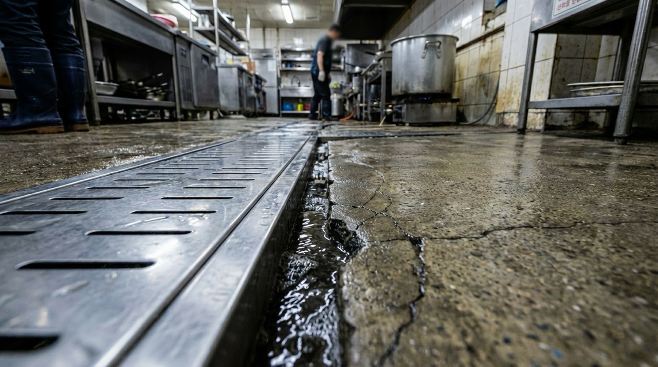 트렌치 주변에서 발생한 누수 - 물이 고여있고 방수층이 들떠있는 모습