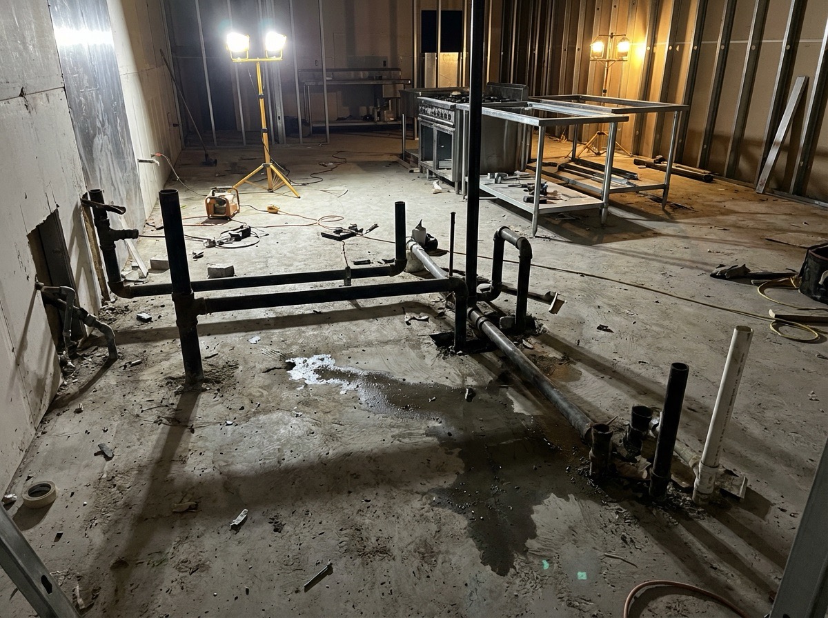 공정 순서가 잘못되어 배관이 먼저 설치된 현장