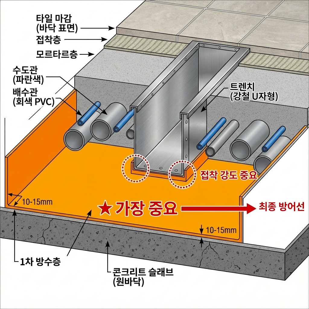 주방 방수 단면도 - 1차 방수가 원바닥을 보호하고, 그 위에 배관과 트렌치, 2차 방수, 마감이 올라가는 구조