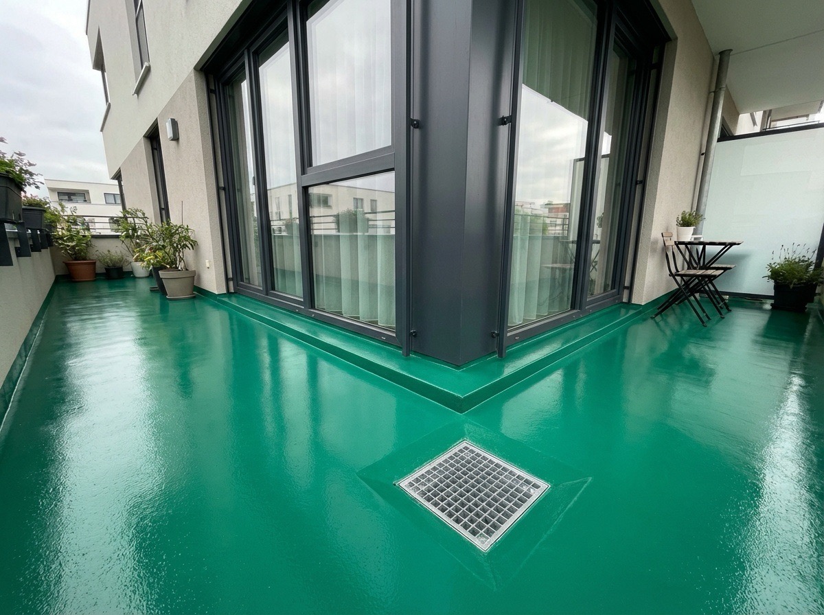 아파트 발코니 MMA 방수 시공 완료 현장. 베란다 바닥 전체에 
                              녹색 MMA 방수재가 깔끔하게 마감되어 있으며, 
                              창틀 접합부와 배수구 주변까지 완벽하게 처리된 모습.