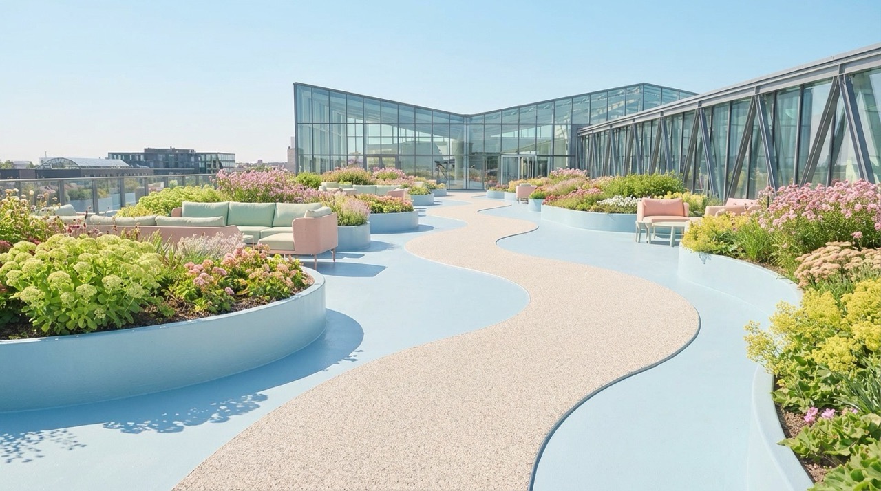 외부 보행 데크 MMA 방수 마감 현장. 건물 옥상 휴게공간의 
                              보행 데크 하부에 MMA 방수가 시공되어 있으며, 
                              사람들이 안전하게 이용할 수 있는 미끄럼 방지 표면 처리.