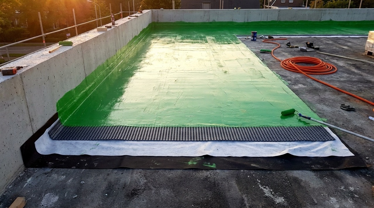 옥상 정원 하부 MMA 방수 시공 현장. 식재 공간 조성 전 
                              옥상 바닥에 녹색 MMA 방수층이 시공되어 있으며, 
                              배수 시스템과 연결된 완벽한 방수 처리로 식물 뿌리 침투 방지.