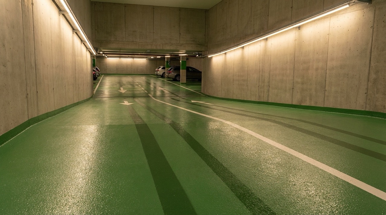 지하주차장 램프 MMA 방수 및 미끄럼 방지 시공. 경사로 전체에 
                              녹색 MMA 코팅과 논슬립 골재가 적용되어 있으며, 
                              차량 통행에도 마모되지 않는 내구성 있는 마감 상태.