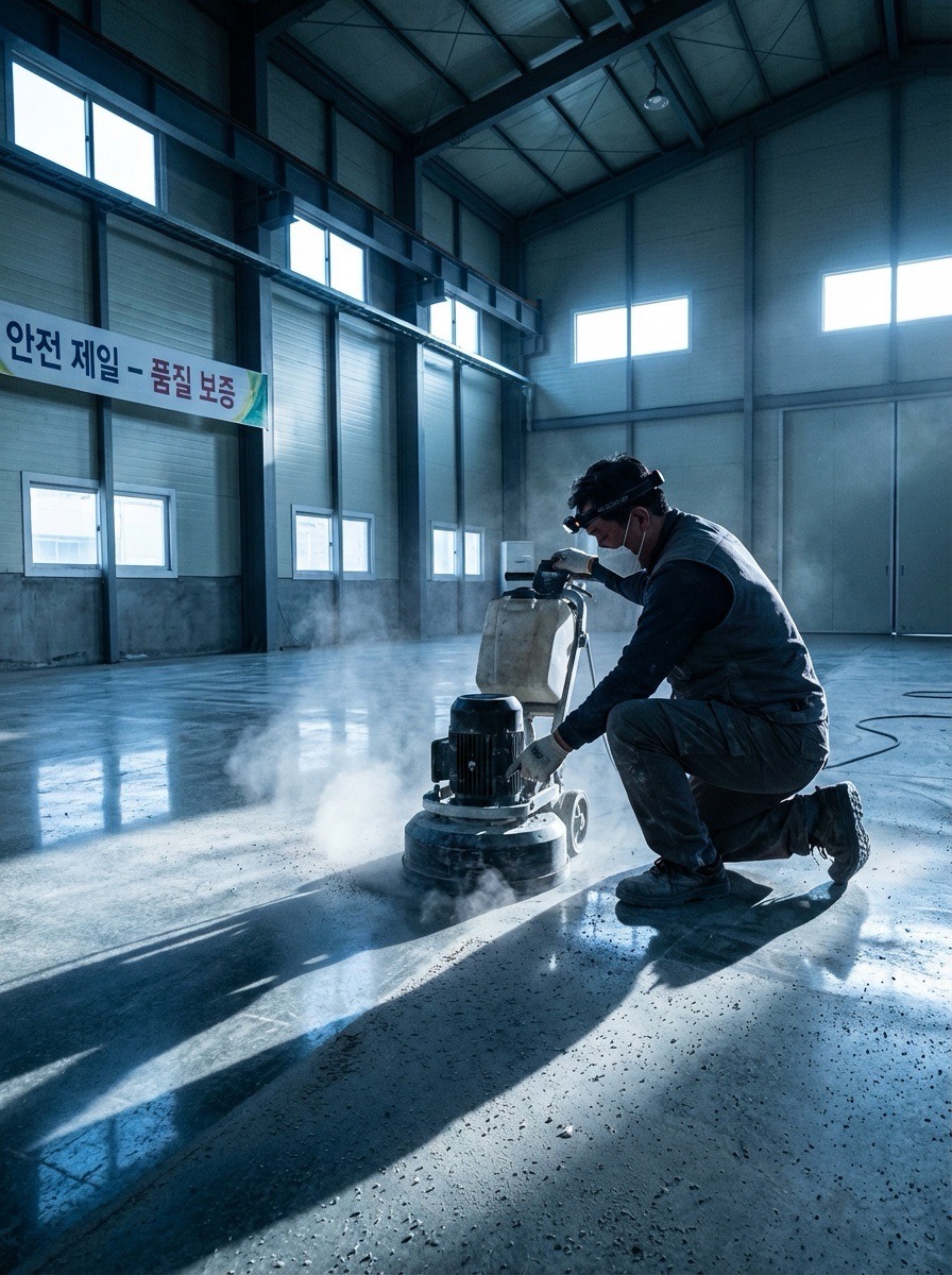 MMA 방수 바탕 처리 과정. 전문 작업자가 그라인더로 콘크리트 표면을 연마하며, 
                              먼지와 이물질을 제거하고 있는 모습. 
                              깨끗하게 정리된 바닥면이 프라이머 접착력을 높여주는 필수 작업 단계.