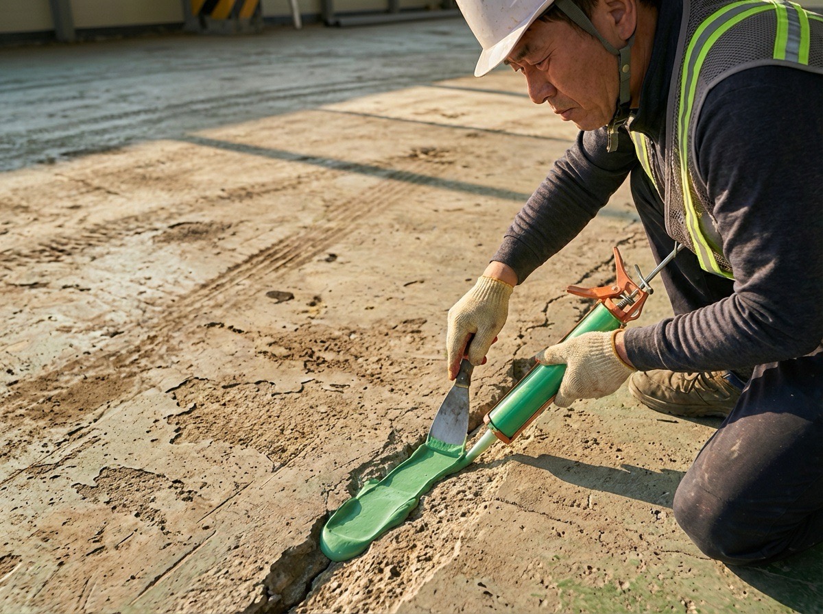 MMA 퍼티를 이용한 크랙 보수 작업. 콘크리트 균열 부위에 녹색 MMA 퍼티를 
                              헤라로 꼼꼼하게 충전하는 모습. 
                              균열을 완벽히 메워 누수 경로를 차단하는 중요한 하자 보수 과정.