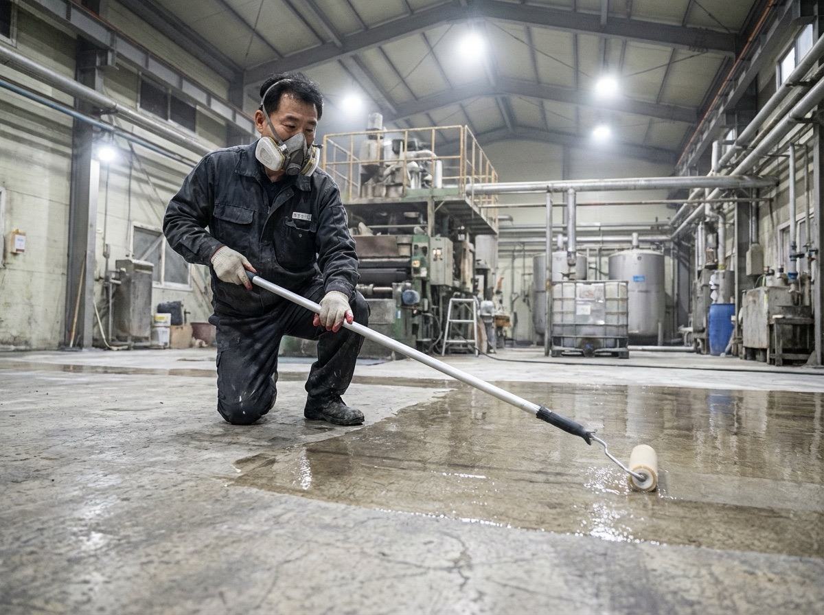 MMA 전용 프라이머 도포 작업. 롤러를 사용하여 투명한 프라이머를 
                              바닥 전체에 균일하게 도포하는 모습. 
                              콘크리트와 MMA 수지 간의 접착력을 극대화하는 접착 증진 단계.