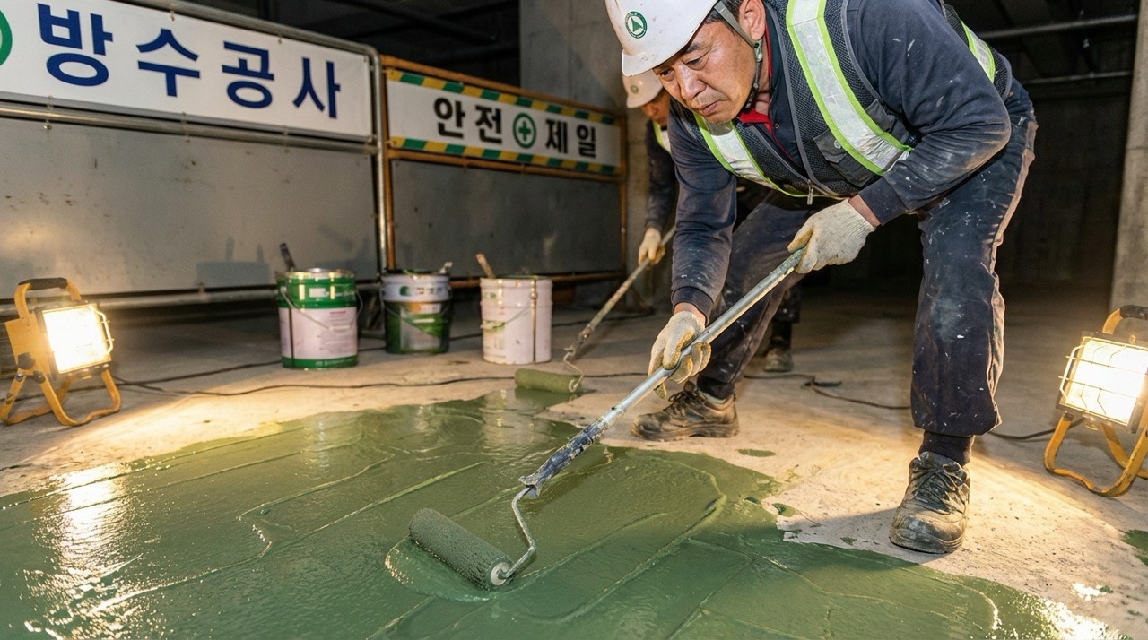 MMA 수지 중도 시공 작업. 녹색 MMA 방수재를 스퀴지와 롤러로 
                              1~2mm 두께로 도포하는 모습. 
                              방수층의 핵심이 되는 중도층 형성으로 완벽한 차수 성능 확보.
