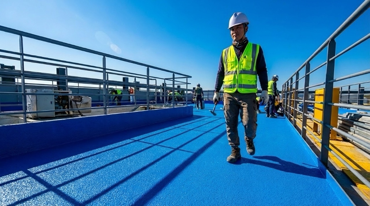 MMA 방수 경화 확인 및 품질 검사. 시공 완료 1시간 후 작업자가 
                              완전히 경화된 방수면 위를 걸어가며 상태를 확인하는 모습. 
                              보행이 가능한 상태로 빠른 현장 복구와 사용 재개가 가능함.